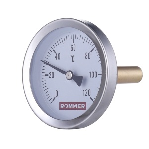 Термометр биметаллический с погружной гильзой Dn 80 мм, гильза 100 мм ½", 0...120°С Rommer